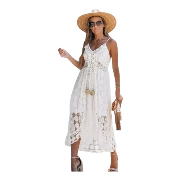 Cupshe Ariya White Lace Crochet Sun Dress V-Neck Sleeveless Bohemian Beach Small - Picture 3 of 12